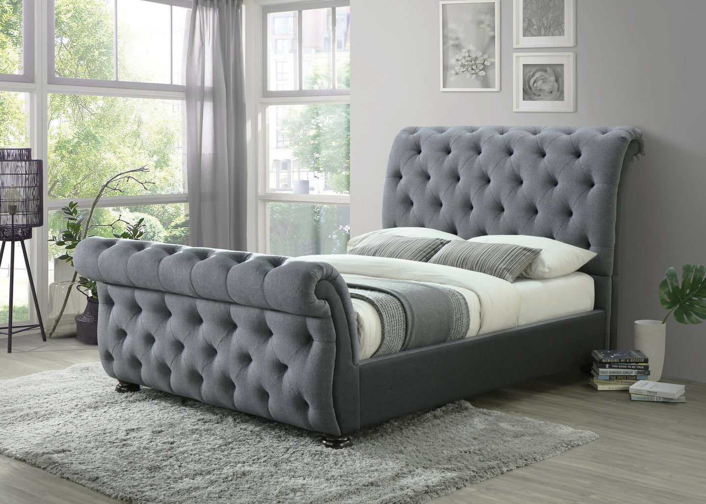 Fully Upholstered Sleigh Bed In A Grey Textured Fabric