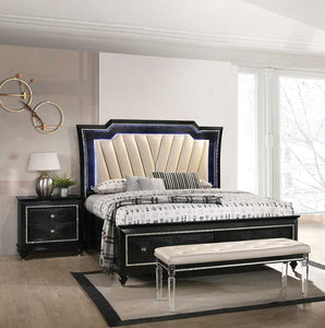 Modern Style Bedroom In Black With A White Pu Headboard