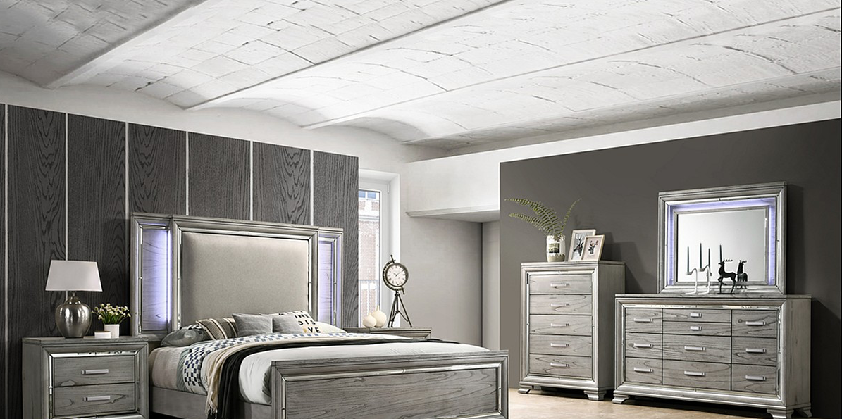 Modern Style Bedroom In Gray With Dark Gray Hightlights