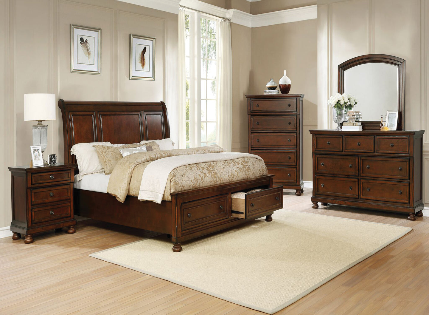 Transitional Style Bedroom In A Brown Cherry Finish