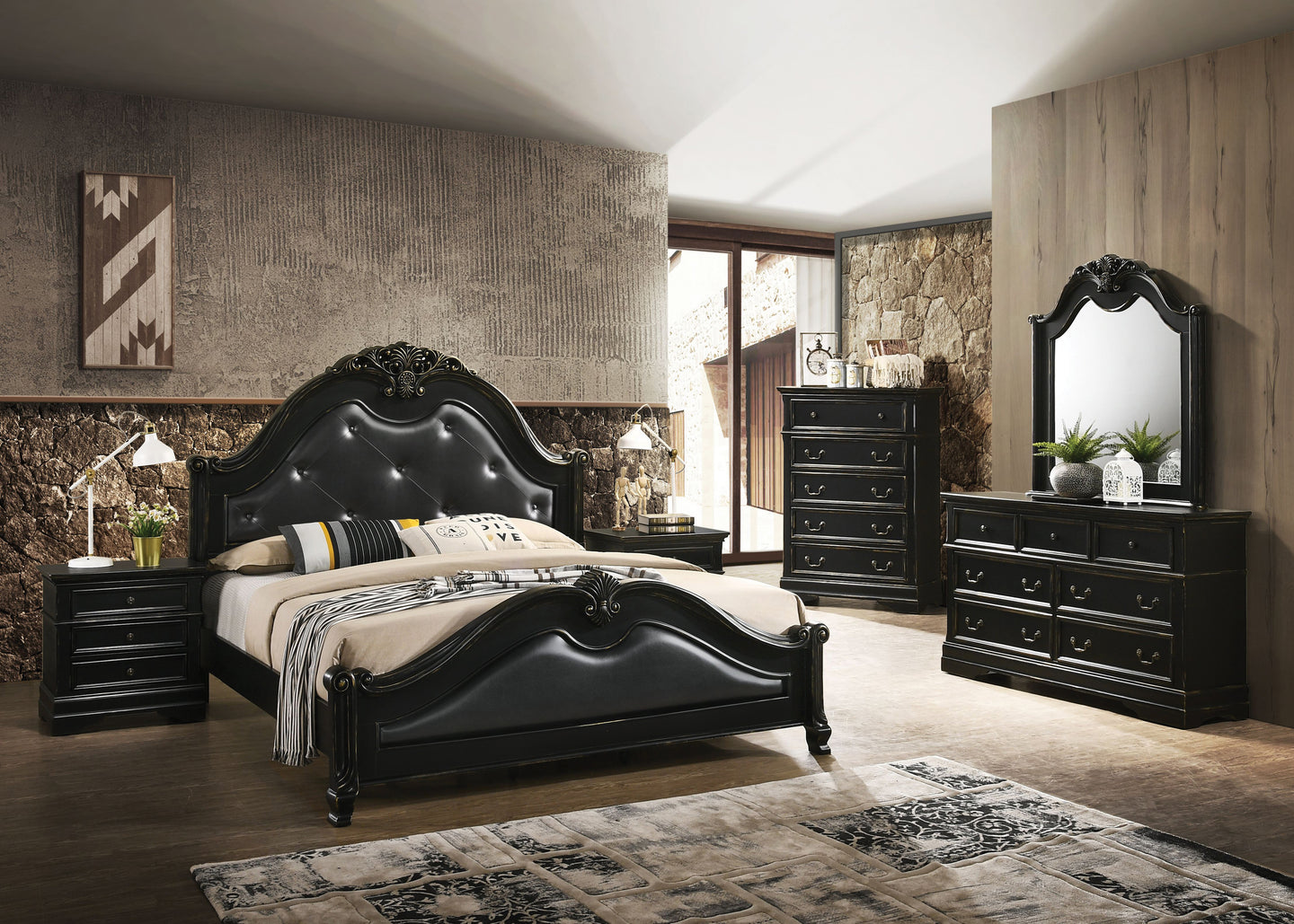 Traditional Styled Bedroom In A Black Finish With Distressed Highlights