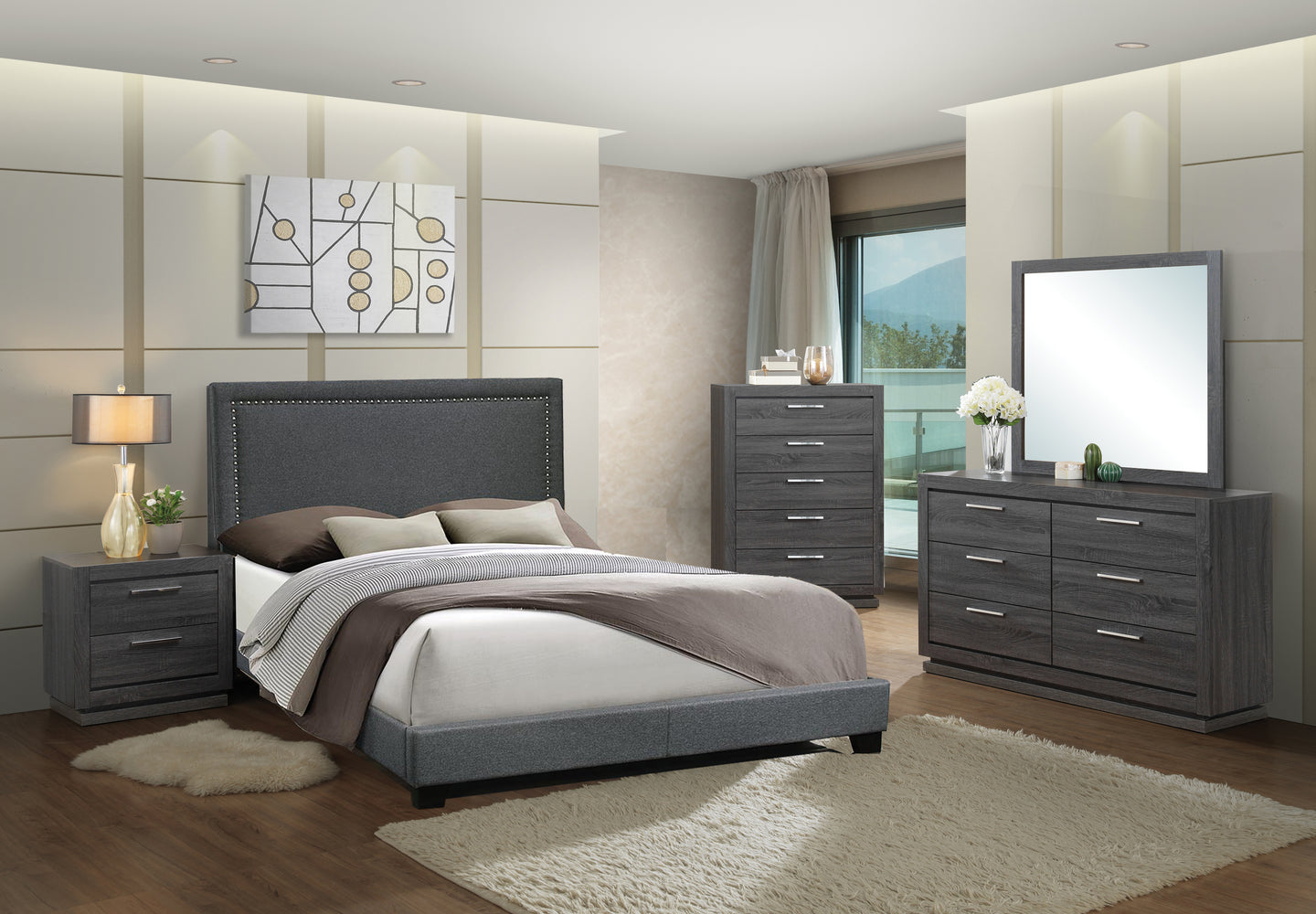 Modern Style Bedroom In A Gray Woodgrain Finish