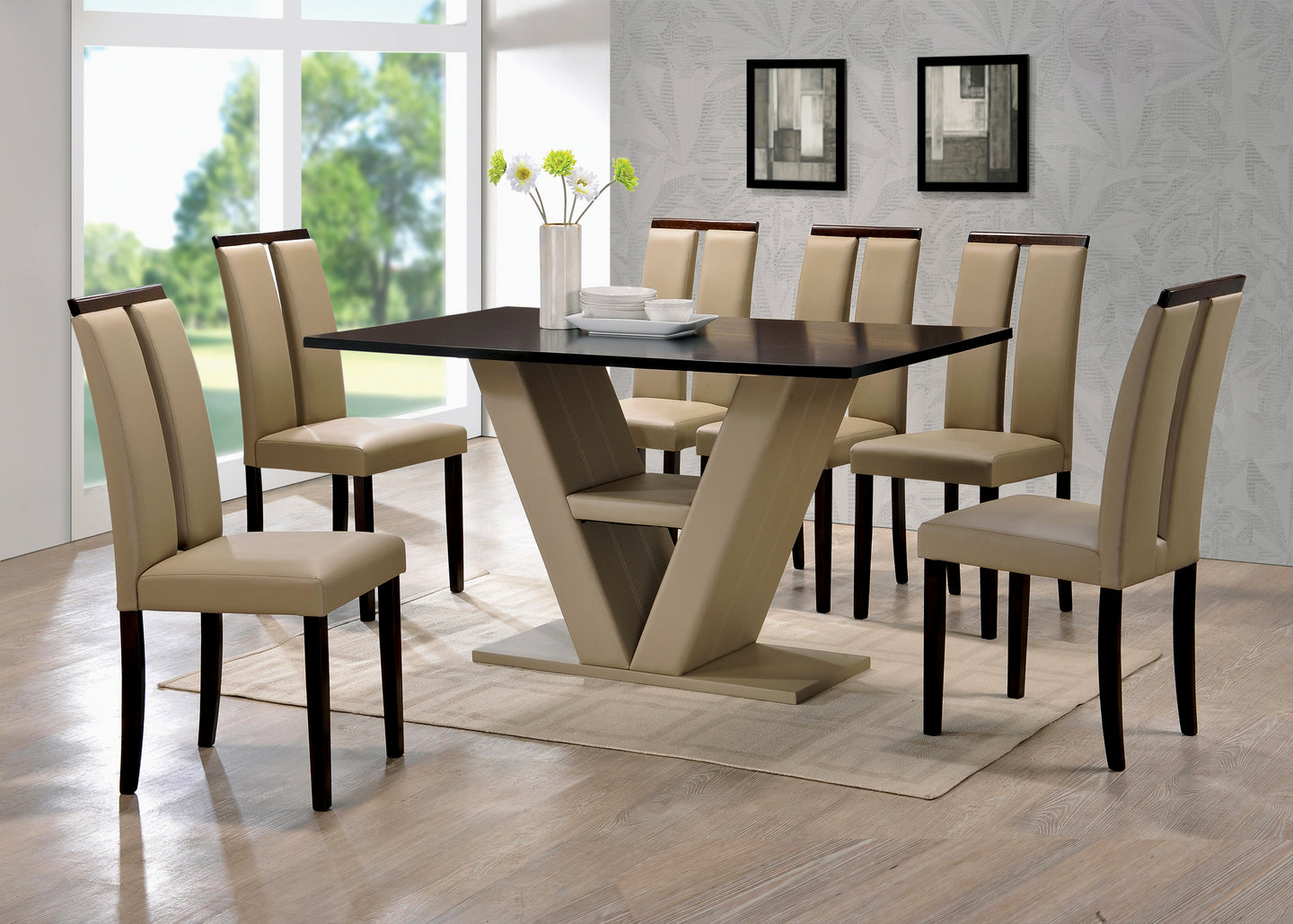 Modern Style Dining With Oversized V-Shaped Table Base In A Beige Pu Fabric Cover