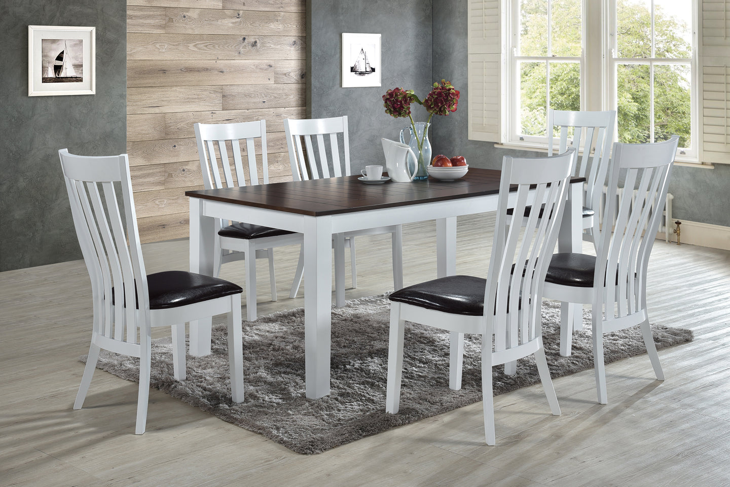 Contemporary Style Dining Set In A White Finish With Contrasting Brown Top