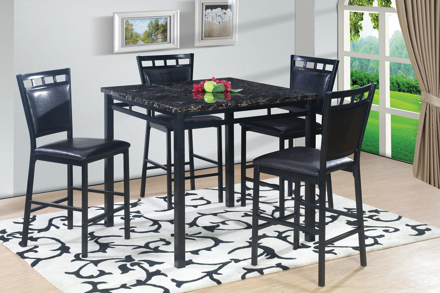 5Pc. Square Pub Set In Gun Metal Finish With A Black Faux Marble Top Dining Table