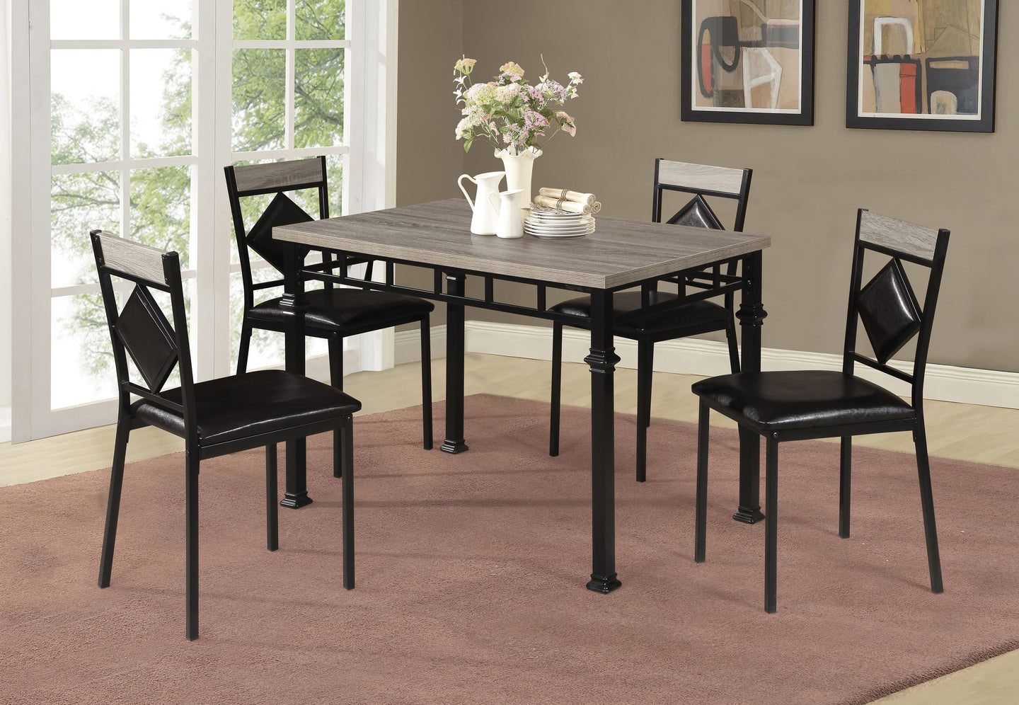 Contemporary Style Dining With Weathered Gray Pvc Table Top With Black Metal Legs