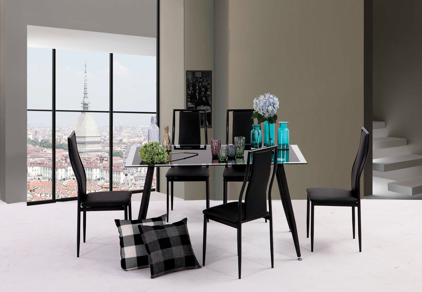 Modern Style Dining Set Featuring Tu-Tone Black With Clear Border Edge.