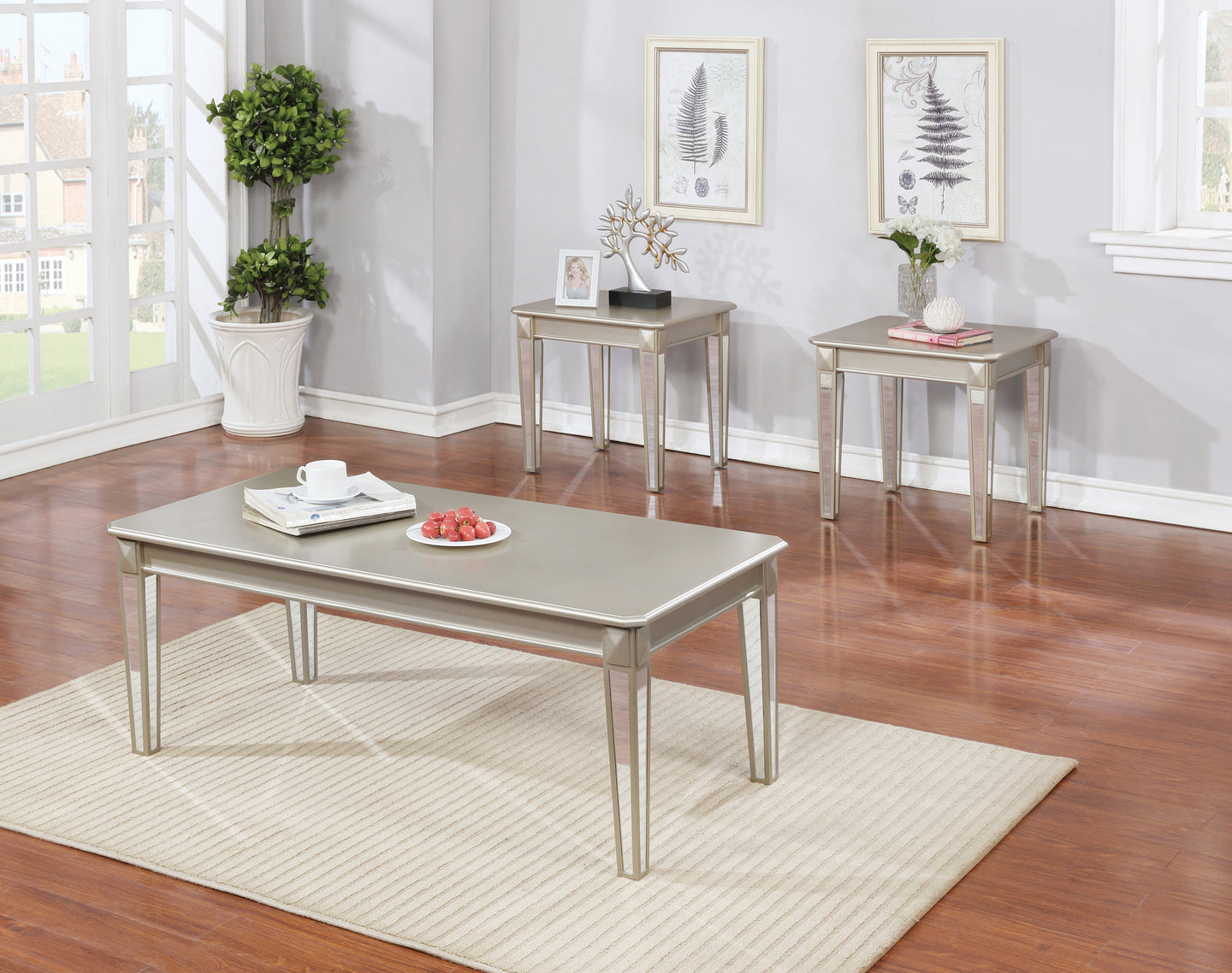 Modern Style Tables In A Silver Finish With Mirror Accents On Legs