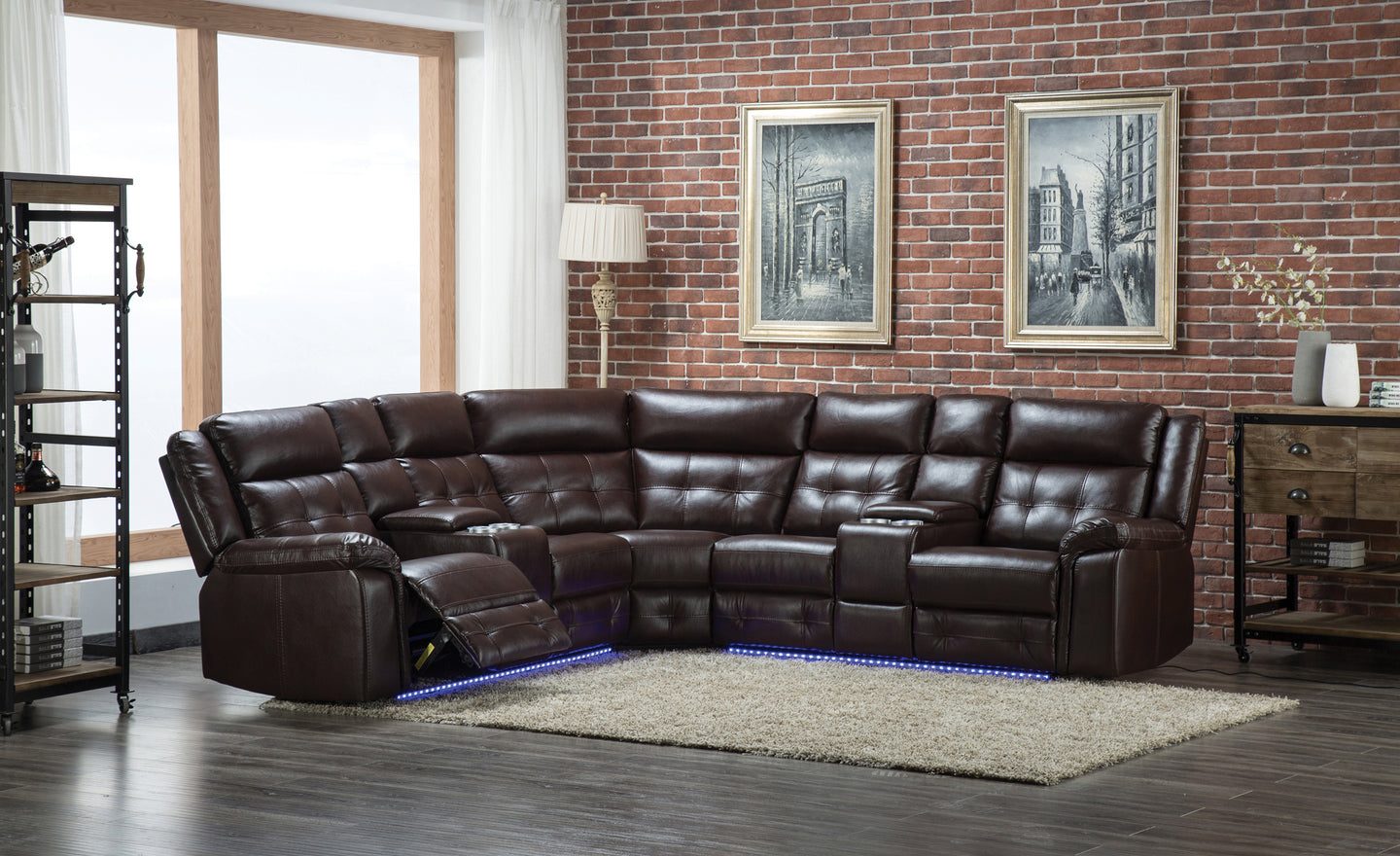 Motion Sectional In A White Leather Air Fabric In A Brown Leather Air Fabric