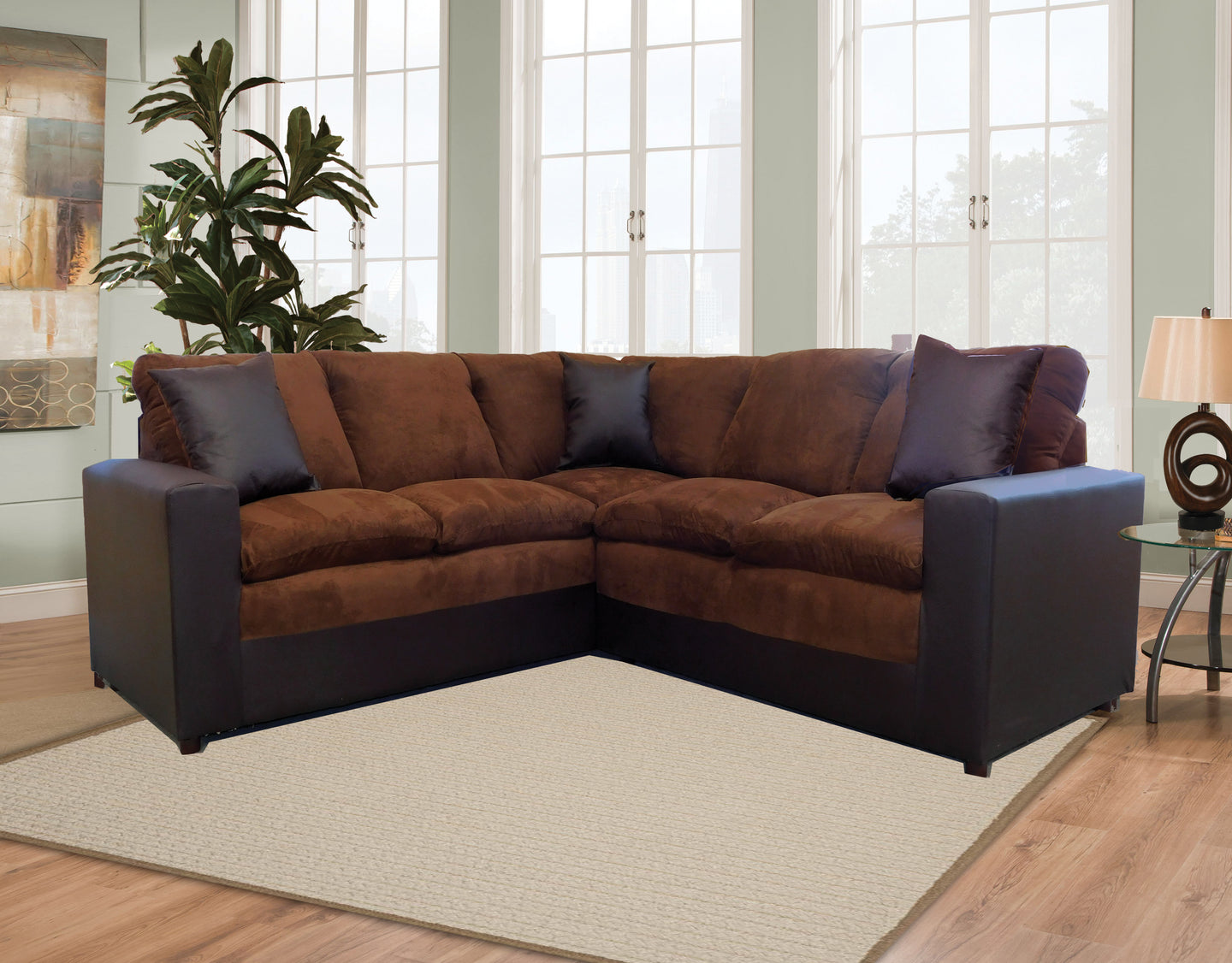 Contemporary Style Sectional In A Two-Tone Brown Pu & Brown Microfiber