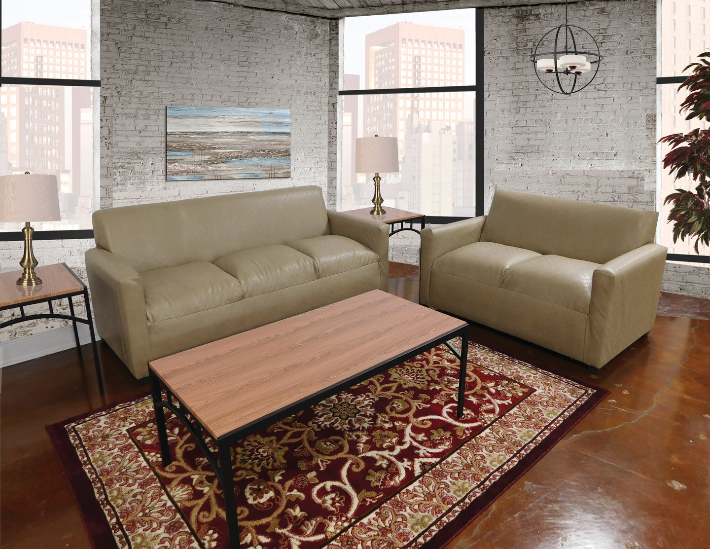 Apartment Size Living room In Textured Dark Beige Leather