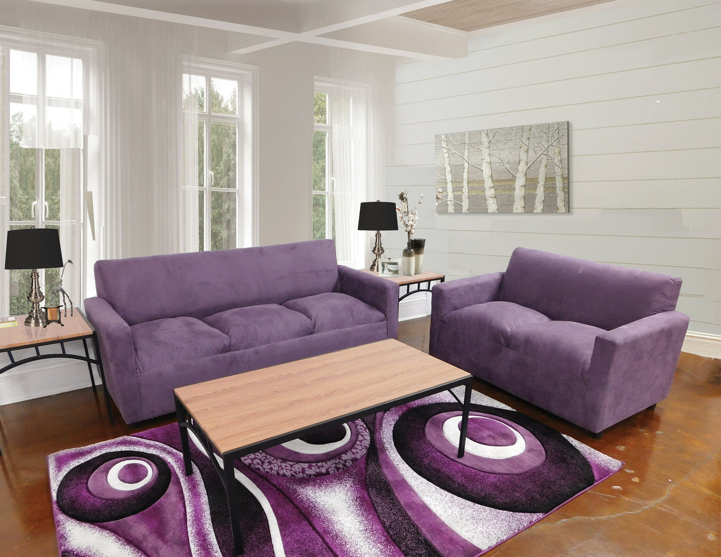 Apartment Size Living room In Purple Velvet Fabric